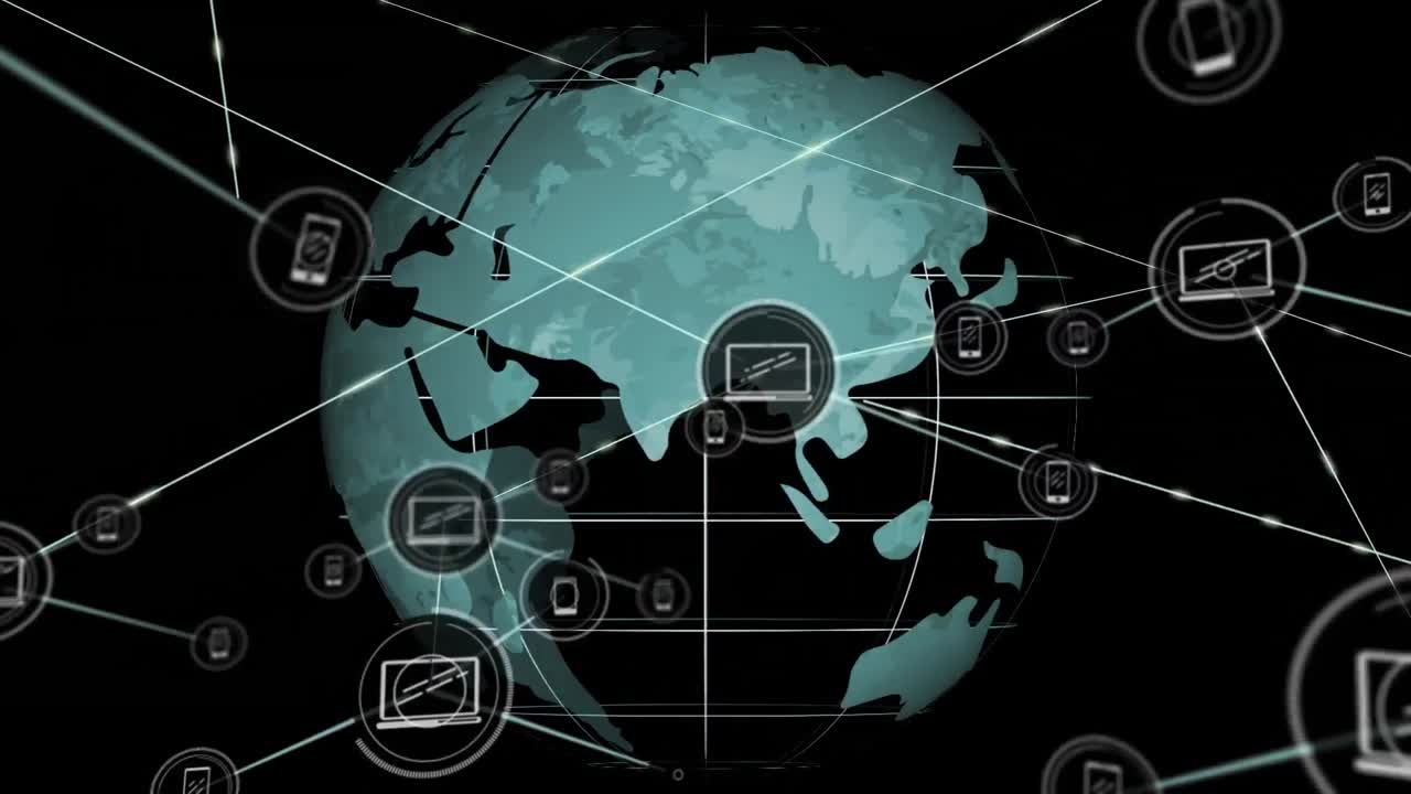 Animation of network of connections with icons over globe