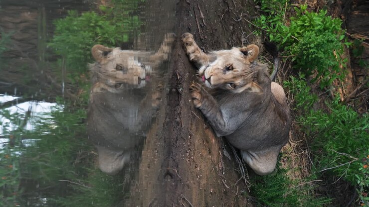 Vertical - South African Lion Drinking At Watering Hole With Mirrored Reflection