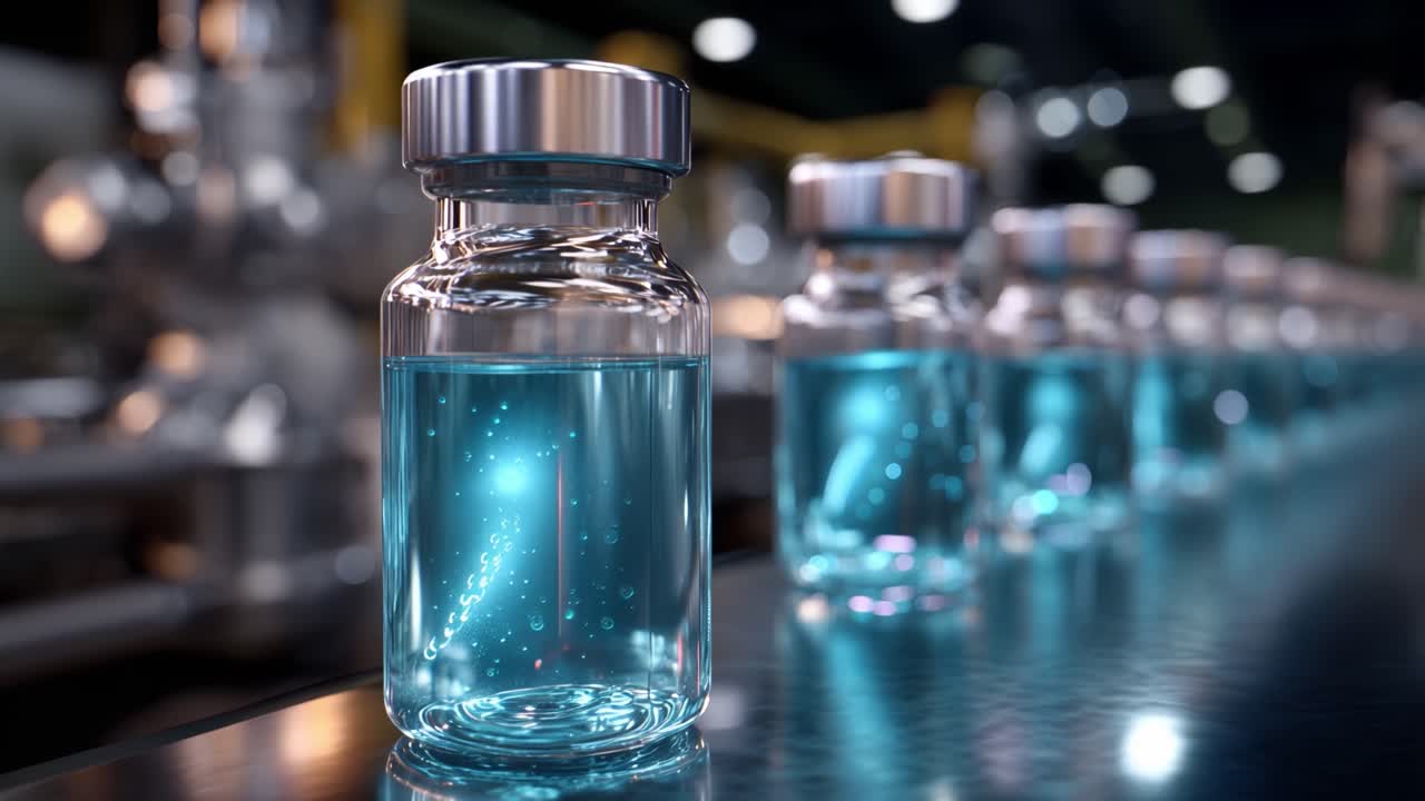 Close-up van sprankelende glazen ampullen gevuld met blauwe vloeistof, die ingewikkelde details en reflecties tonen in een moderne productiefaciliteit met een vervaagde achtergrond.