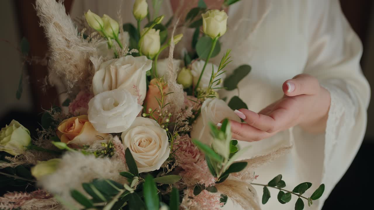 Primo piano di un bouquet con rose bianche e color pesca e fogliame verde