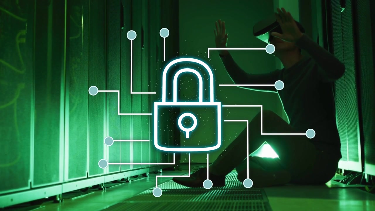 Lock appearing man with VR headset gesturing to secure network overlay server row, copy space