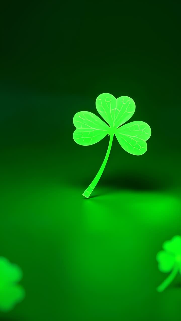 Vertical video: Opening main clover rising to center on dark green, neon vein glow, two dim clovers