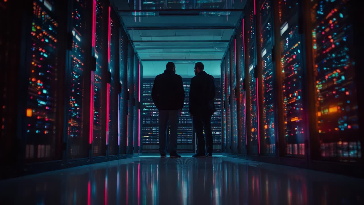 In a dimly lit server room, two figures stand silhouetted against a vibrant backdrop of technology, reflecting the complexity and interconnectivity of our digital age
