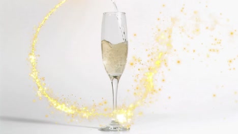 Animation-of-firework-moving-around-champagne-pouring-in-flute-on-white-background