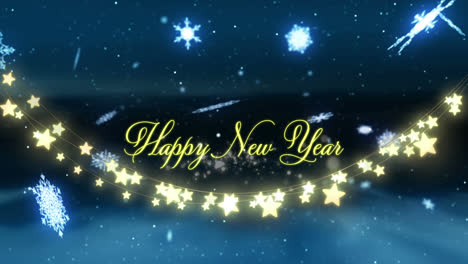 Animation-of-happy-new-year-text-over-snow-falling-and-light-spots