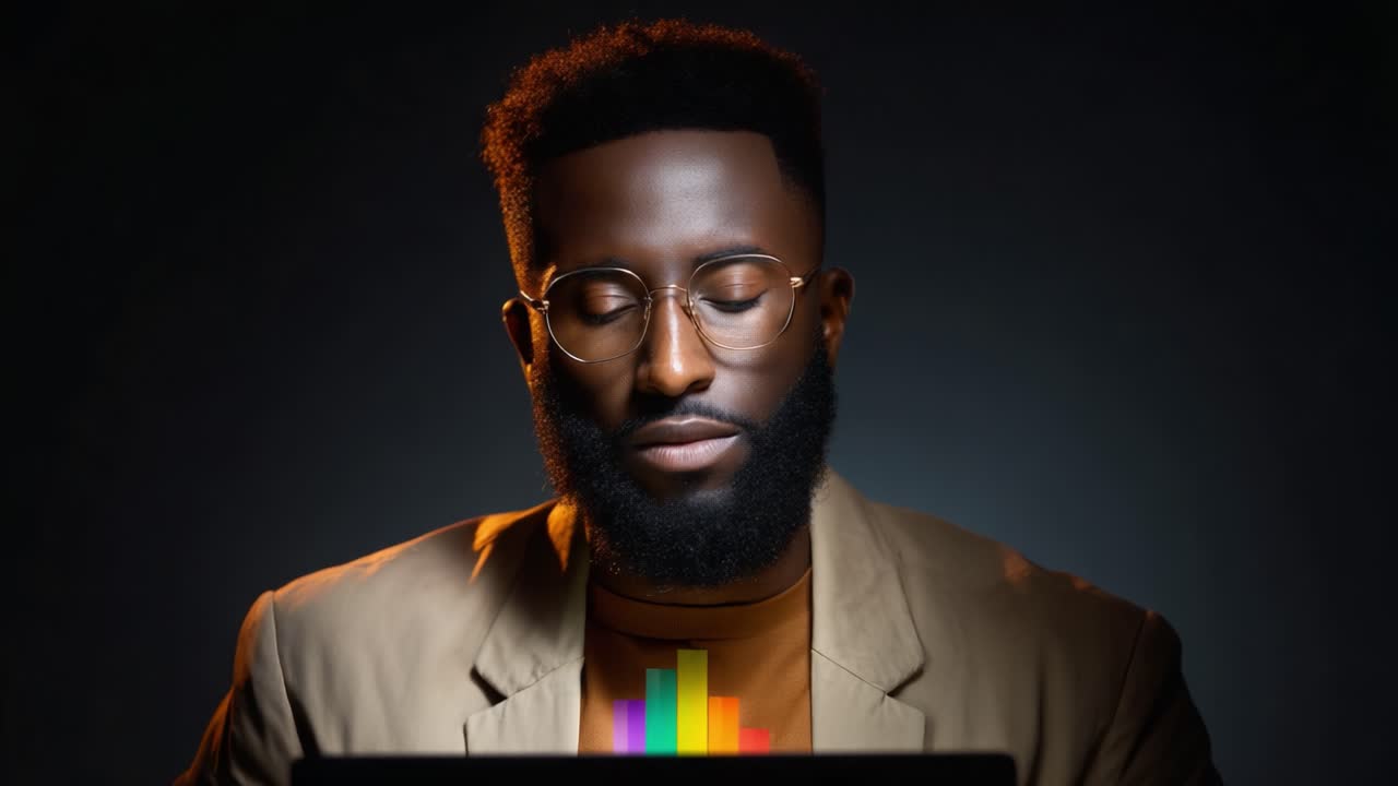 Focused Individual Engaged with Technology, Illuminated in Dramatic Lighting, Concentrating on a Screen with Colorful Graphical Elements Reflecting Creativity and Innovation