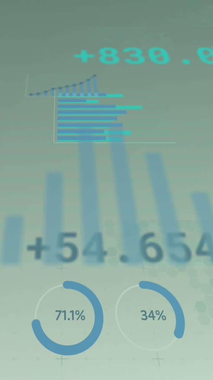Animation of financial data and graphs over green background