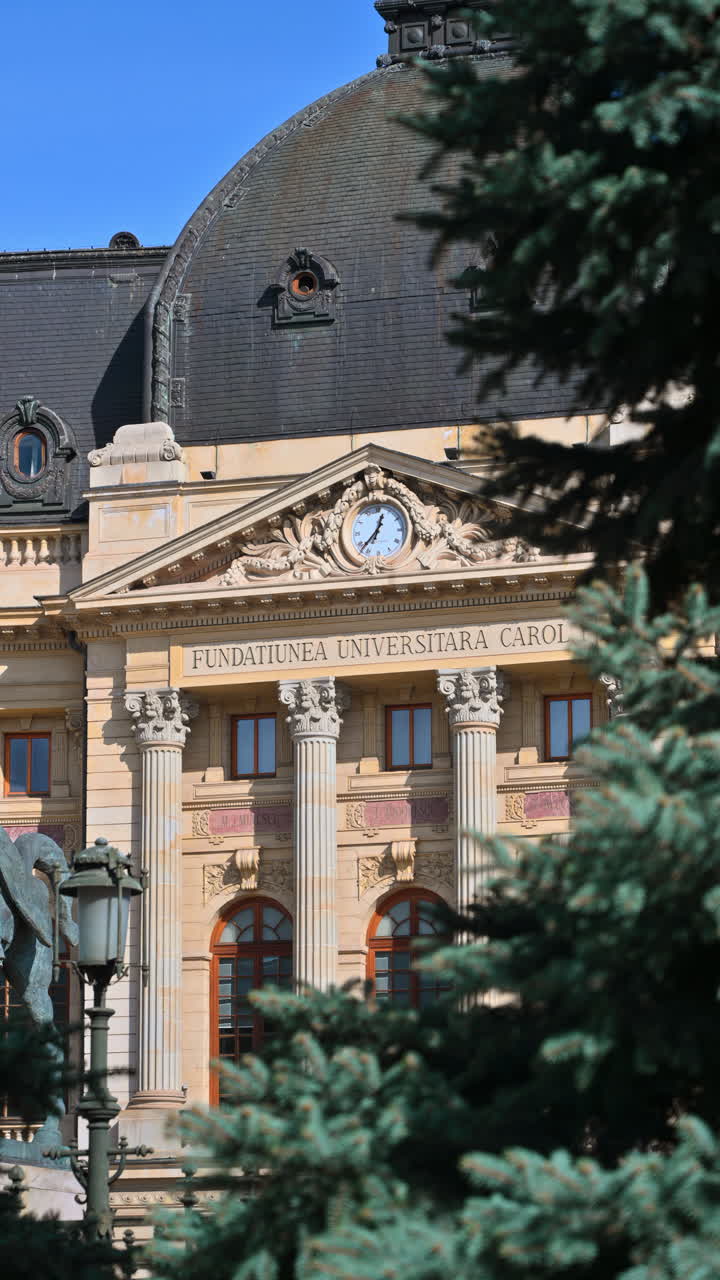 Central University Library Carol I at sunset. Fig tree branches in foreground. Vertical shot. Bucharest, Romania