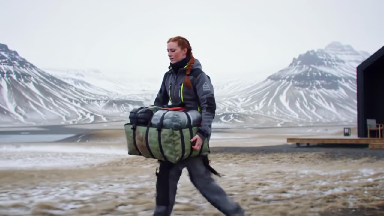 A determined adventurer traverses a rugged alpine landscape with a heavy pack, showcasing resilience and spirit in a breathtaking wilderness setting