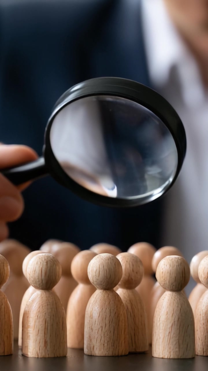 Un'attenzione intensa: Esaminare gettoni di legno attraverso una lente d'ingrandimento, sottolineando l'importanza del dettaglio e dell'osservazione nel processo decisionale