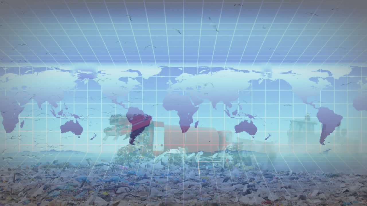 폐기물 처분장 에 있는 트럭 위 에 있는 세계 지도 의 애니메이션