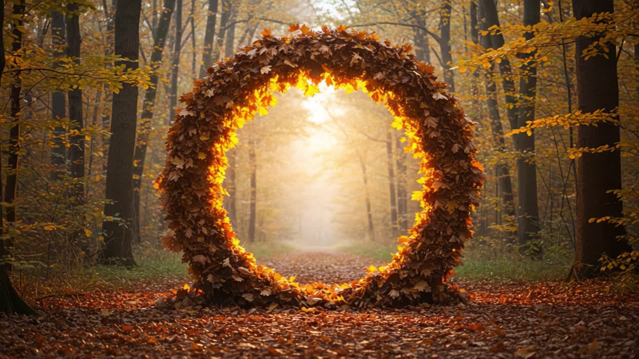 A Magical Autumn Pathway Framed by a Ring of Vibrant Leaves, Illuminated by Soft Sunlight Amidst a Tranquil Forest Setting, Evoking Serenity and Natural Beauty