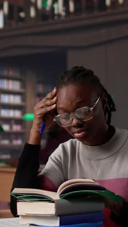 vertical video exhausted student falling asleep while she reads for periodical exams
