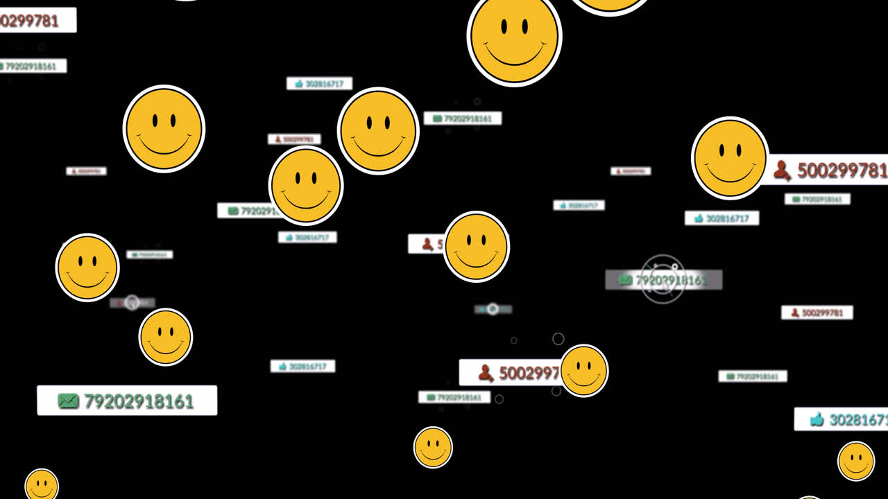 어두운 배경 위에 떨어지는 소셜 미디어 아이콘과 이모지 애니메이션