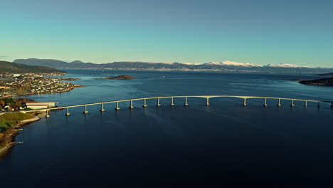 high bird's eye view of a huge bridge over a fjord in norway