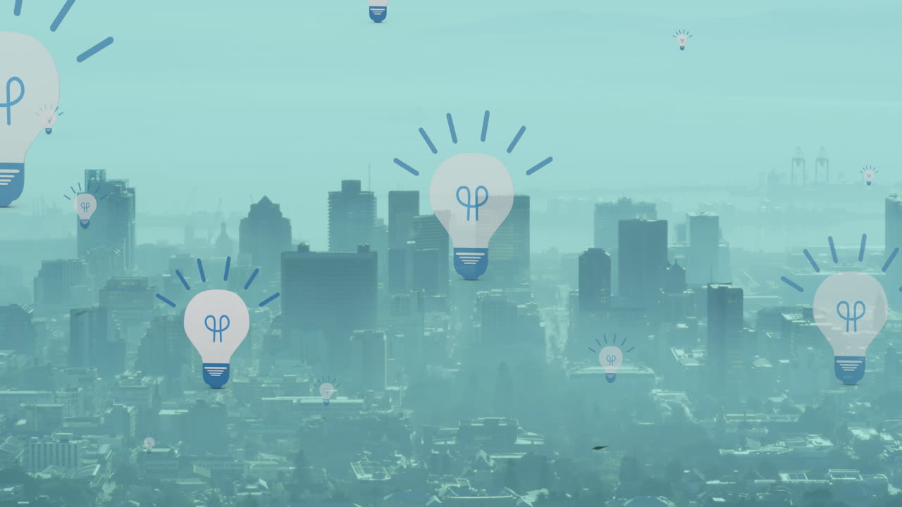 도시 풍경의 공중 시야에 떠다니는 여러 개의 전구 아이콘의 애니메이션