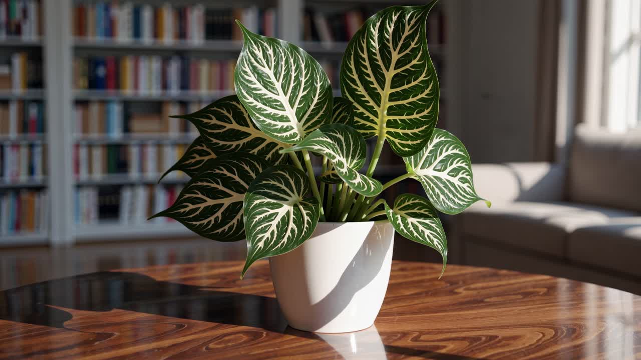 A potted plant on a wooden table in a cozy living room. The low-angle shot highlights the plant's