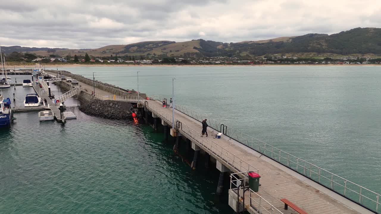 Coastal harbor scene with pier and fishing activity