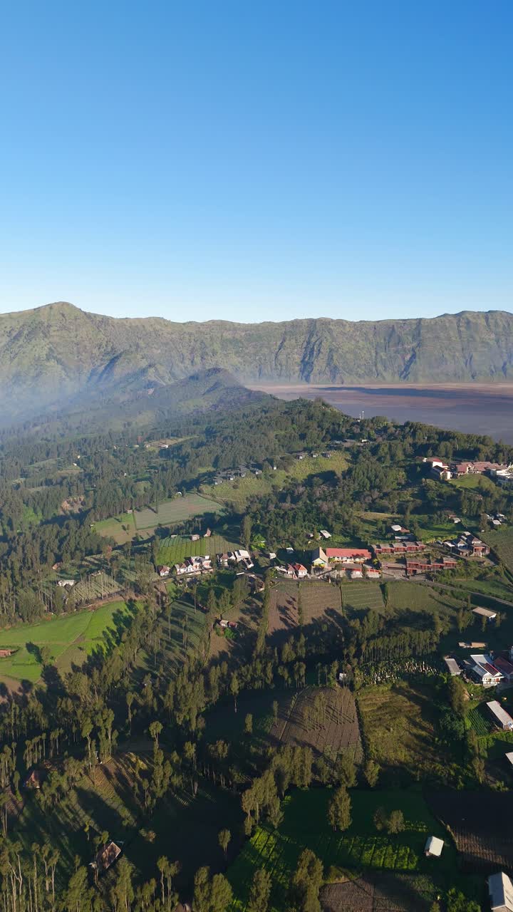 High-Altitude Cemoro Lawang Village Overlooking Mount Bromo. Aerial