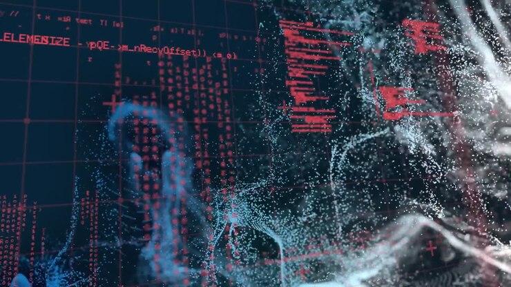 Animation of grid pattern and computer language over abstract pattern on black background