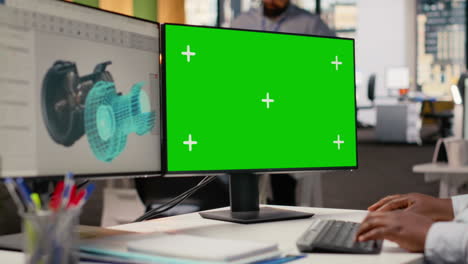 engineer using mockup computer to reduce carbon footprint of wind turbines