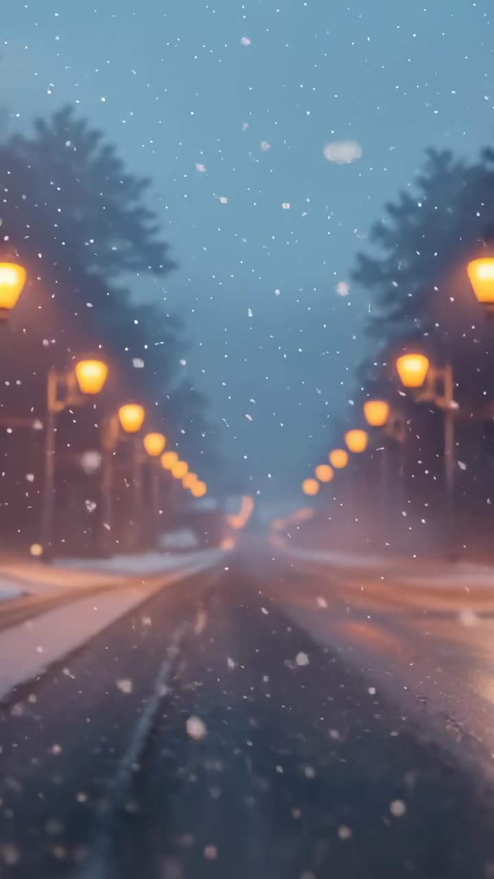 Vertical video: First snowflakes drifting on asphalt road, intensifying under glowing streetlamps
