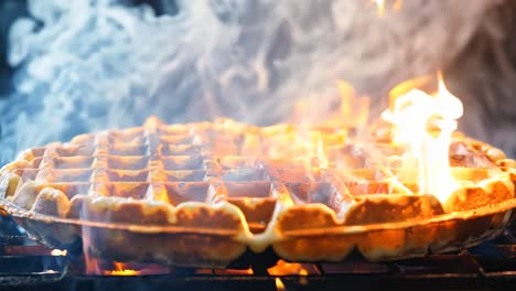 a waffle on a grill with flames coming out of it