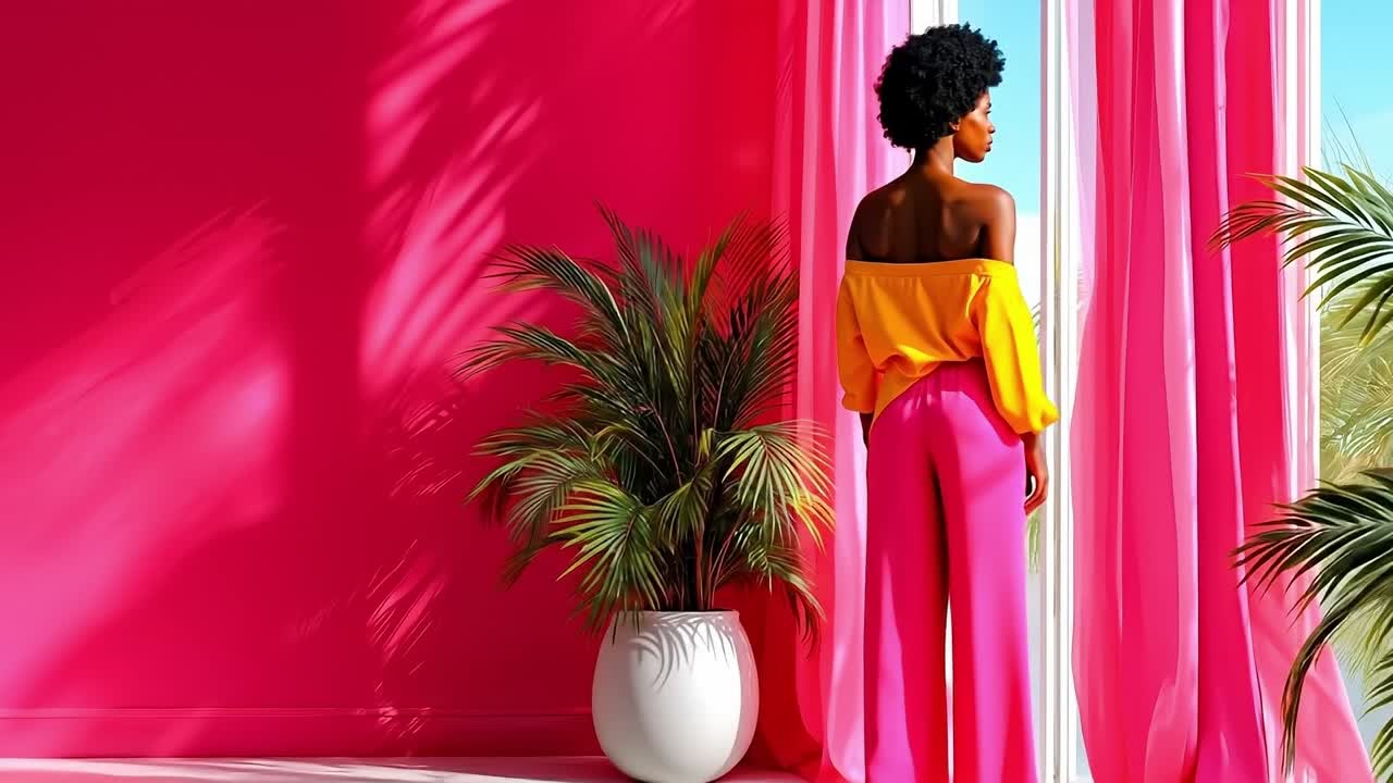 A woman standing in front of a pink wall next to a potted plant
