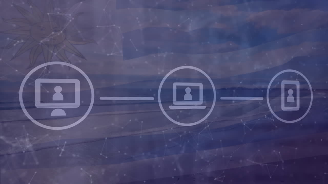 animación de iconos sobre puntos conectados, bandera de américa y mar contra el cielo.