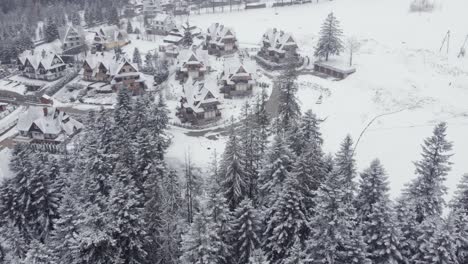 snowy mountain village aerial view