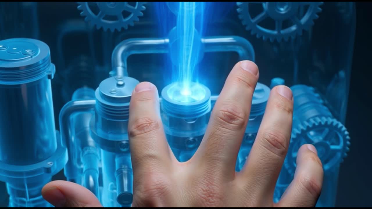 Human Hand Interacting with Glowing Holographic Engine