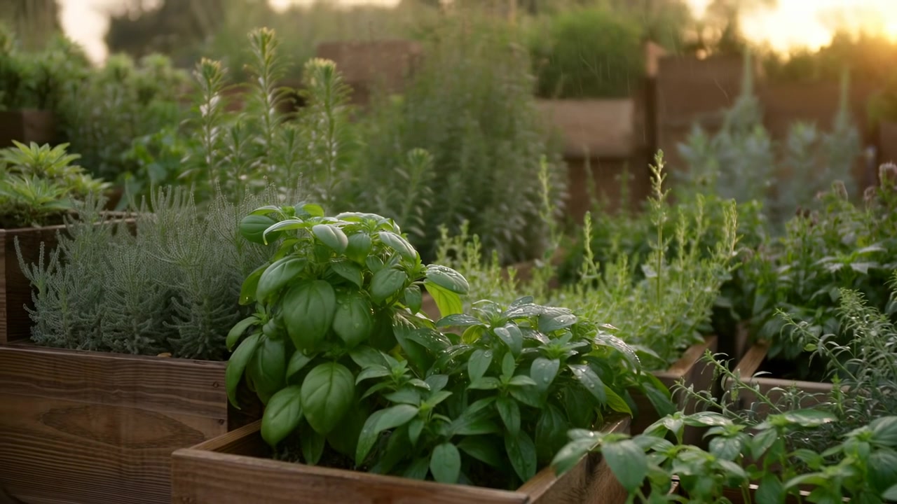 Broad basil leaves with visible droplets fill foreground planters while mixed herbs rise behind them, and a gentle lateral move reveals more wooden beds in soft golden light.