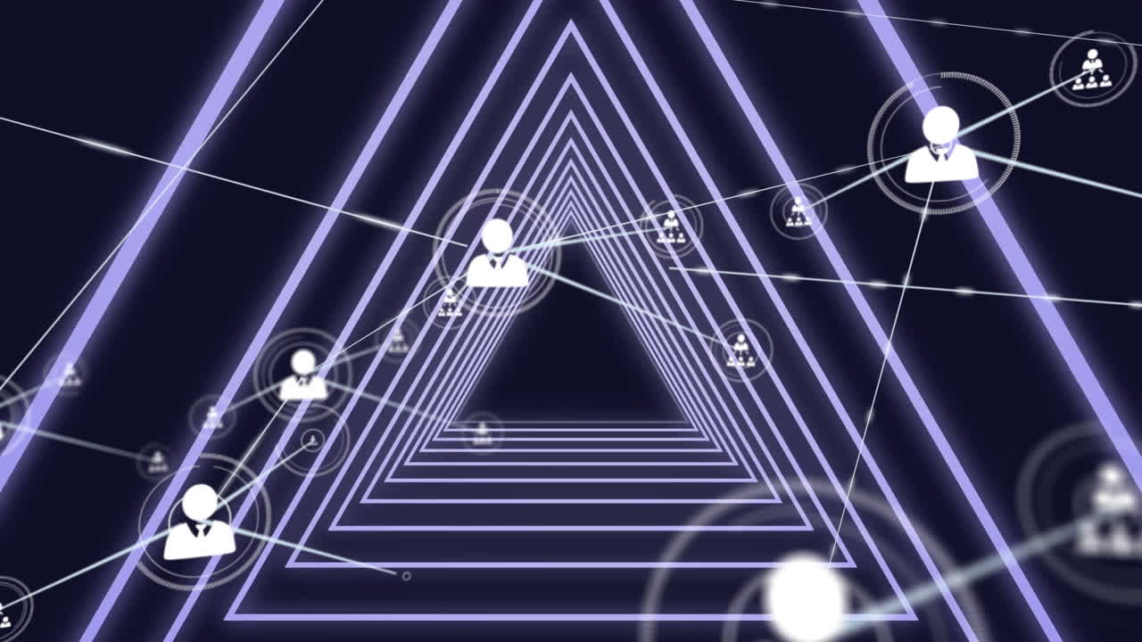 검은 바탕에 네온 파란색 빛나는 삼각형 터널에 대한 디지털 아이콘 네트워크