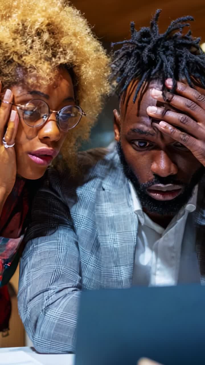 Concern and Anxiety: A Couple Faces Uncertainty While Analyzing Information on a Laptop, Captured in Frames Showcasing Their Emotional Response and Thought Process