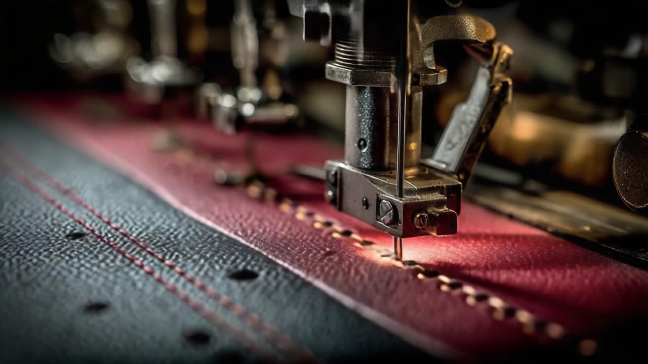Close-Up of a Sewing Machine Needle Stitching Red Leather with Precision and Detail in a Tailoring Workshop