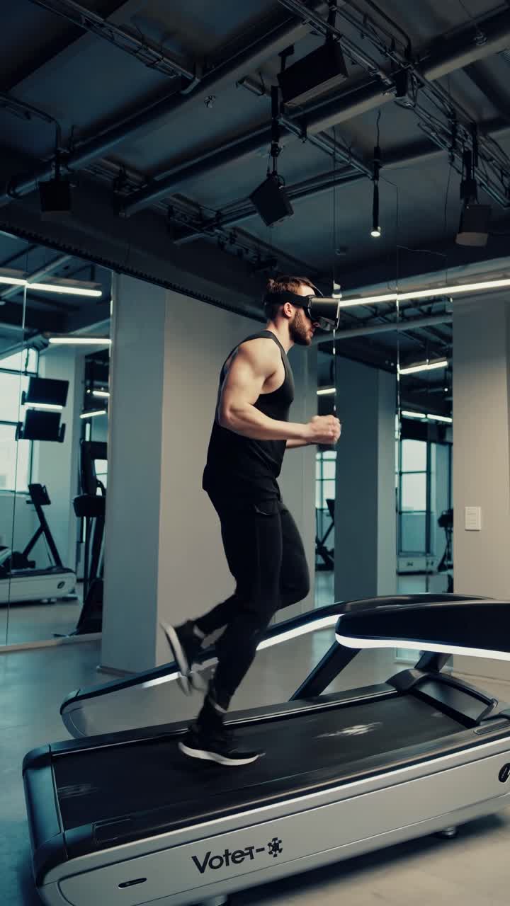 Male athlete running on treadmill while wearing virtual reality headset, experiencing immersive digital fitness training in modern high tech gym environment