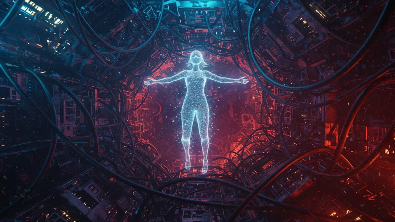 A Digital Transformation: A Glowing Figure Emerges from a Network of Complex Technology, Embodying the Intersection of Humanity and Artificial Intelligence in a Sci-Fi Landscape