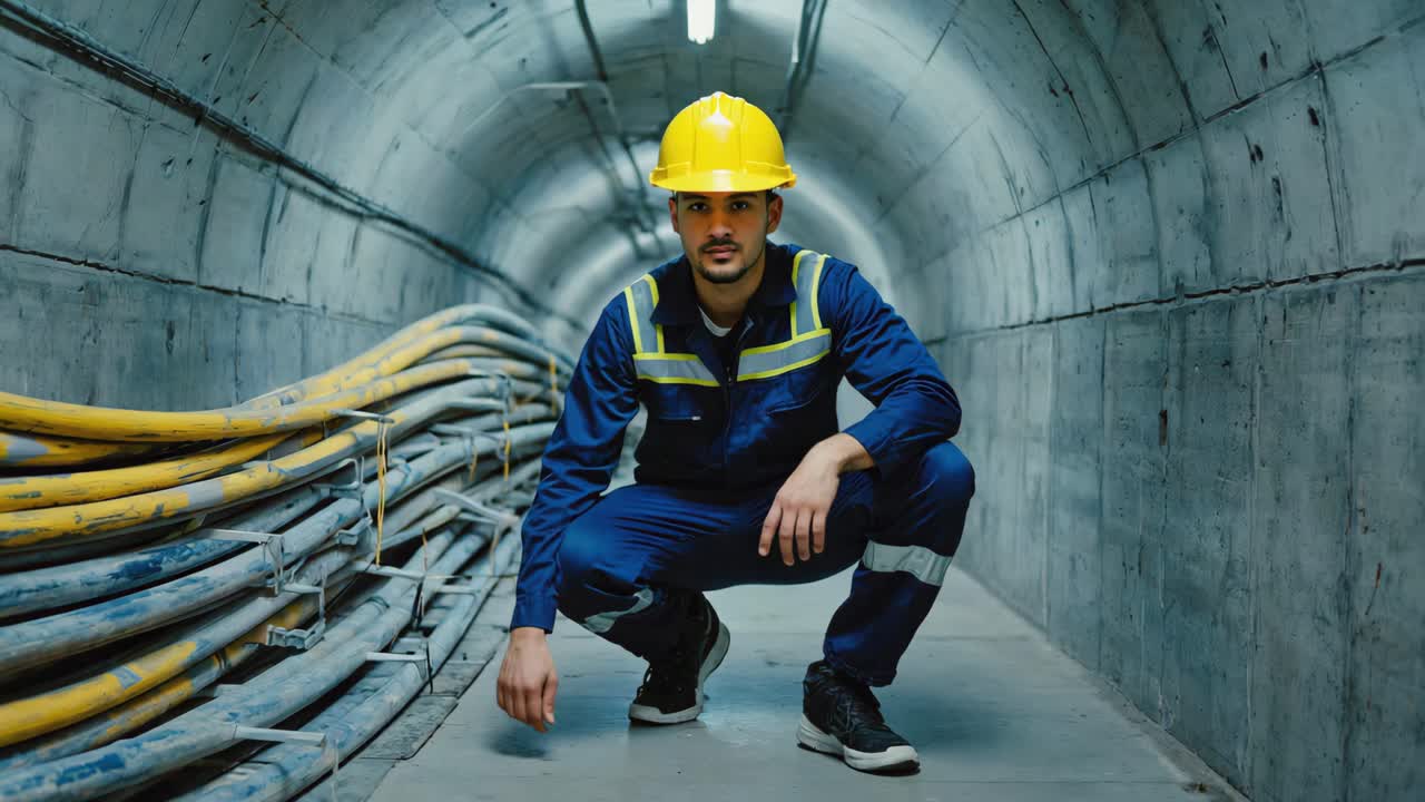 Worker in hard hat and uniform in an underground tunnel with cables