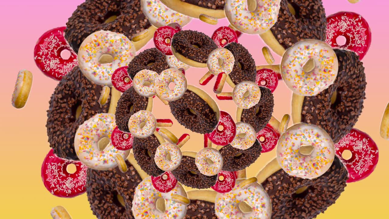 도의 카레도스코프: 분홍색-노란색 배경의 중심에서 움직이는 도의 추상적인 다채로운 애니메이션 - 이없는 루프 - 베이커리 및 음식 개념