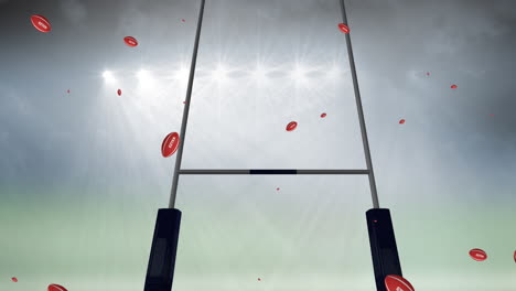 animación de pelotas de rugby rojas con texto de gales en el estadio