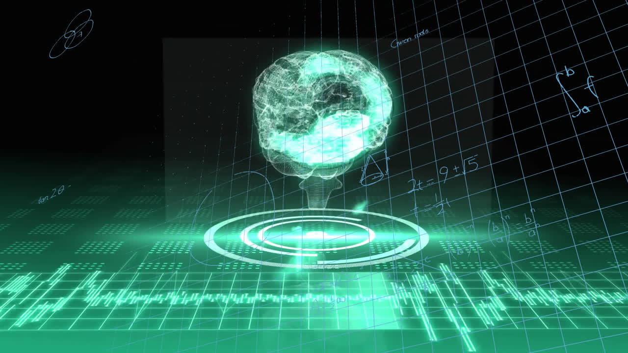 Animation of scanner and glowing brain over processing data and mathematical equations