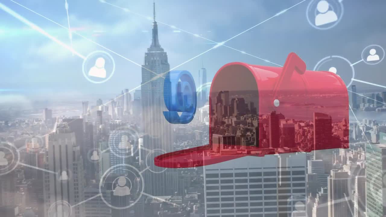 도시 풍경 위에 아이콘과 메일박스로 연결된 네트워크의 애니메이션