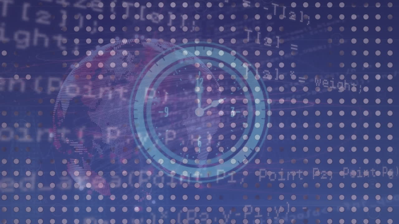 animación digital del tic-tac del reloj y el procesamiento de datos contra el globo giratorio sobre fondo azul