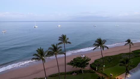 hawaiian beach sunrise in maui with boats and palm trees