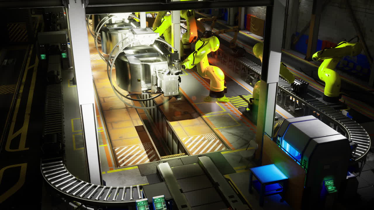 Industrial robots operate in an advanced automated manufacturing facility