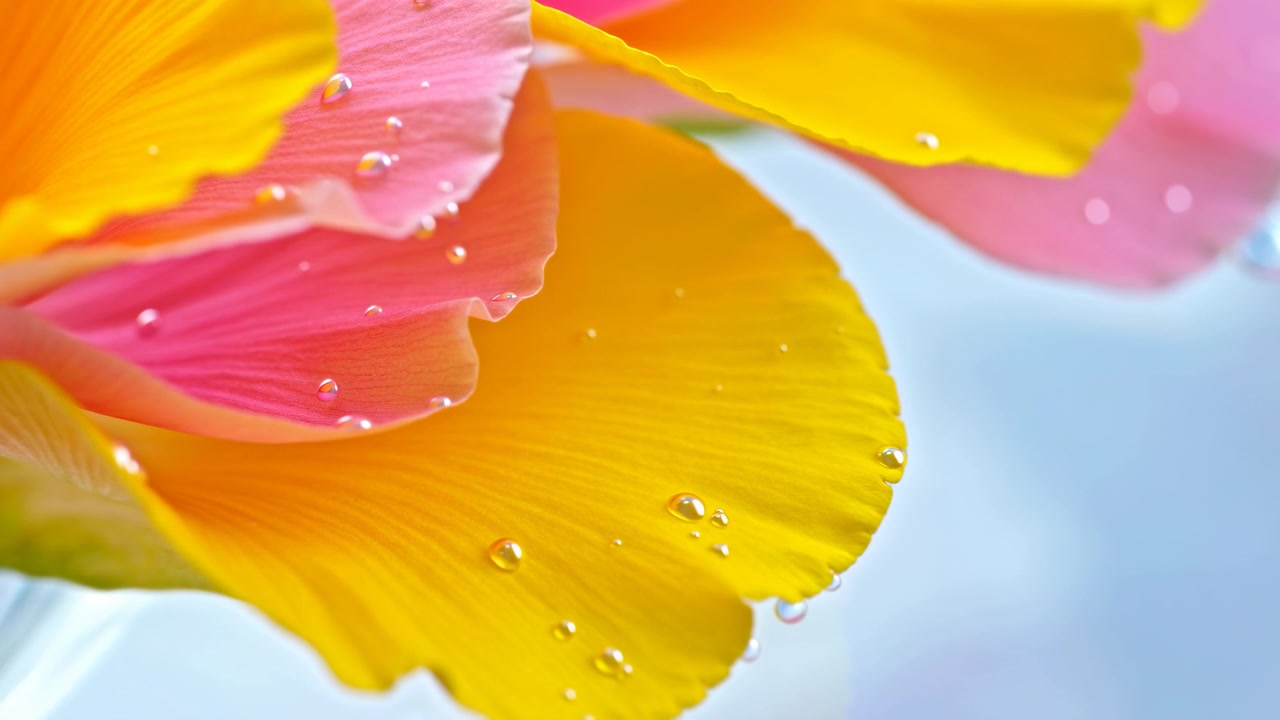 Vista macro ravvicinata di petali di fiori rosa e gialli sovrapposti con goccioline d'acqua arrotondate, luce direzionale soffusa, texture superficiale delicata, delicati riflessi, colore naturale fresco e calma.
