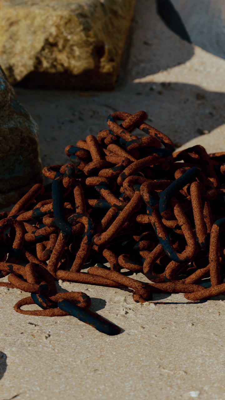 Primo piano di una pila di catena arrugginita su una spiaggia sabbiosa