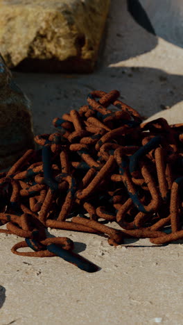 close up of a pile of rusty chain on a sandy beach