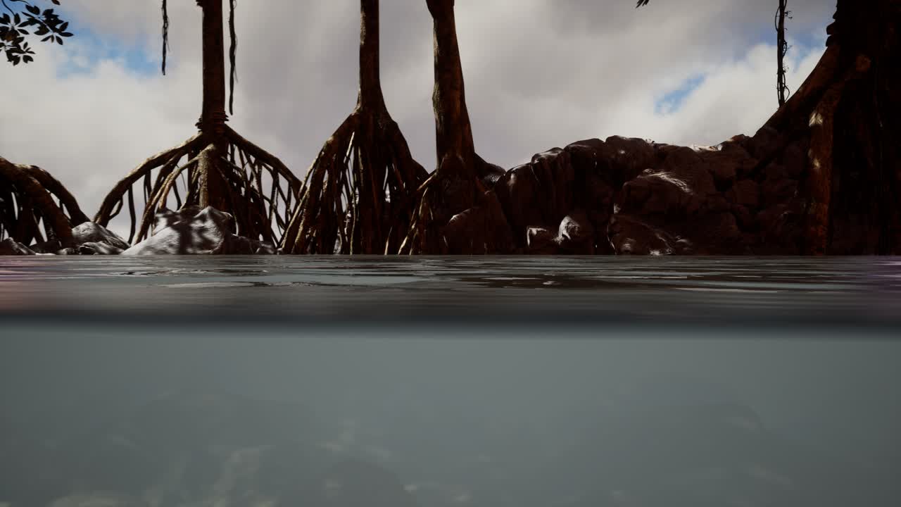 만그로브 나무 근처의 해수면 위와 해수면 아래