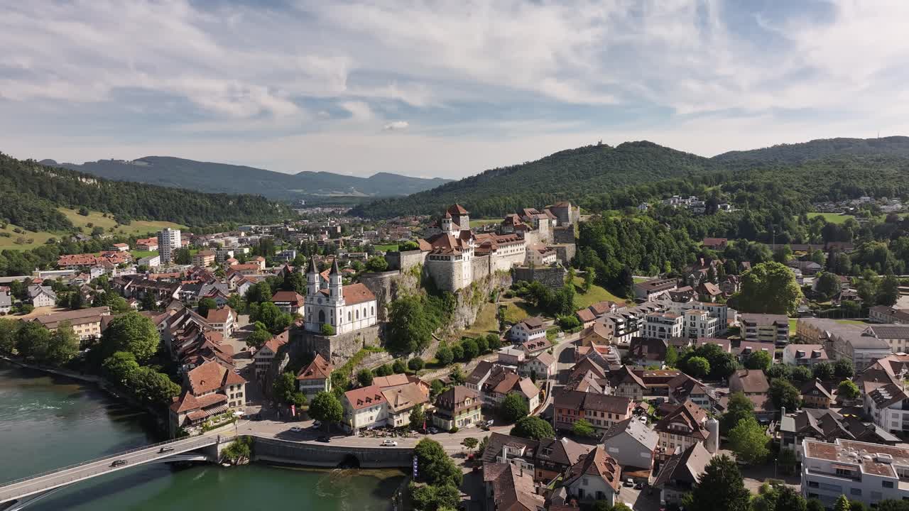 aerial view of aarburg castle and church on hill above swiss town